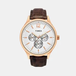 Men Quartz White Dial Multi-Function Leather Watch TWEG18433