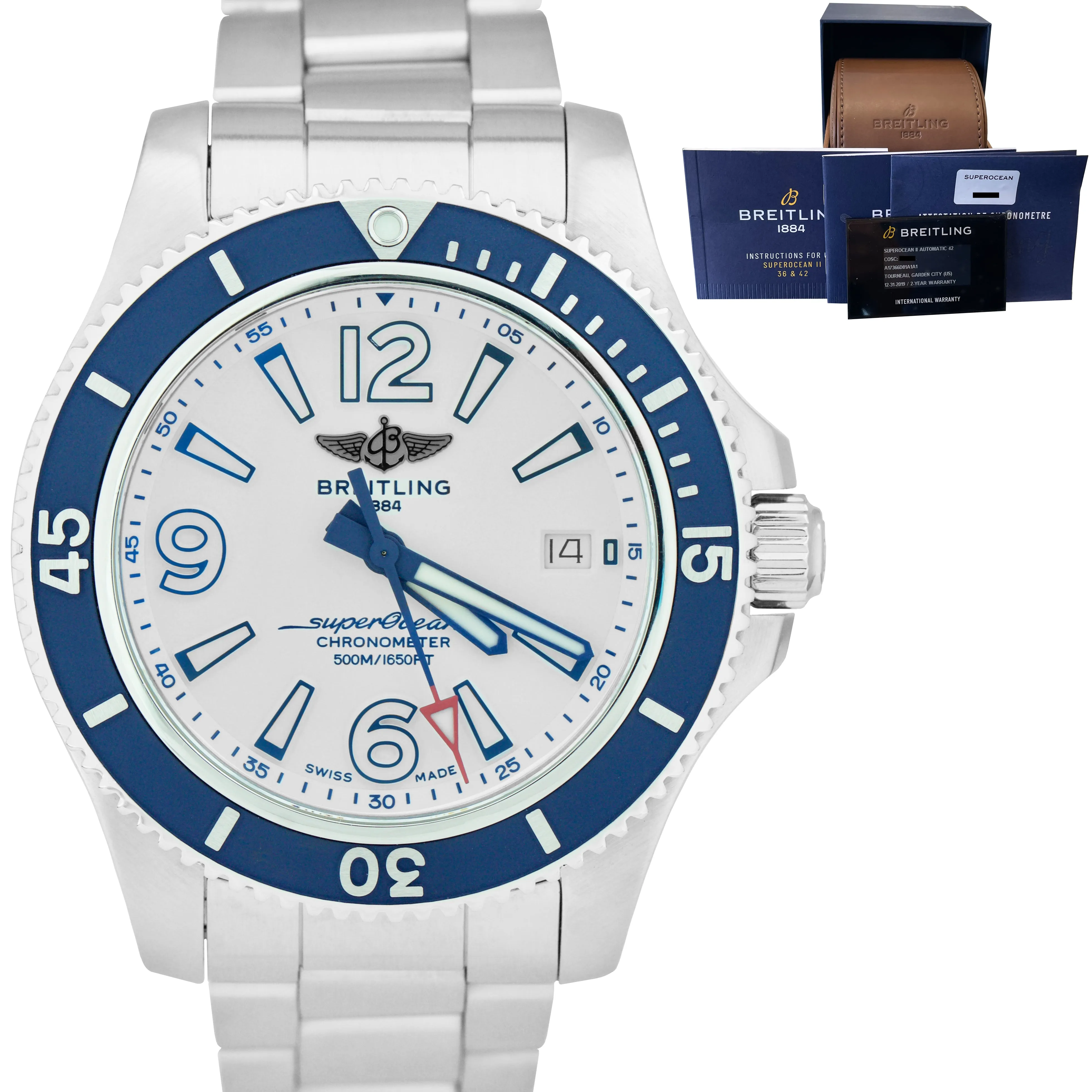 Men's Breitling SuperOcean II 42 Stainless Steel 42mm Blue White Watch A17366