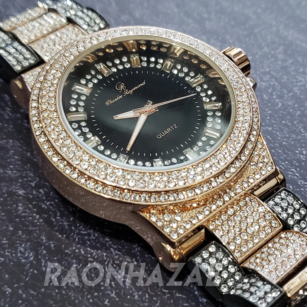 Men's Hip Hop Iced 14K Rose Gold / Black PT Bling Lab Diamond Techno Watch GM04