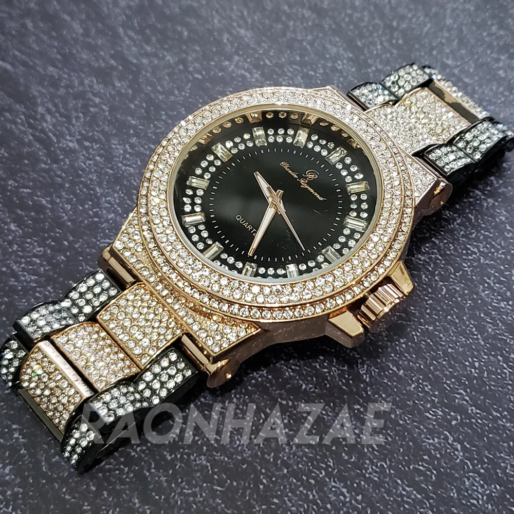 Men's Hip Hop Iced 14K Rose Gold / Black PT Bling Lab Diamond Techno Watch GM04