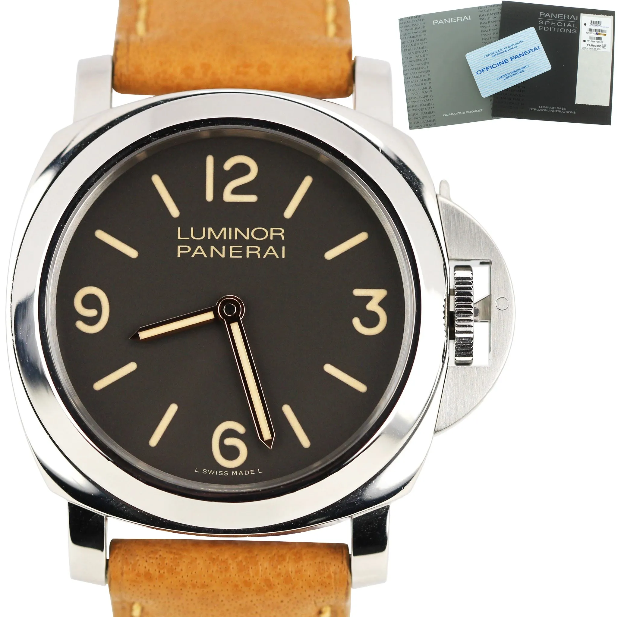 Men's Panerai PAM 390 N Luminor Base Brown Boutique Edition 44mm Watch PAM00390