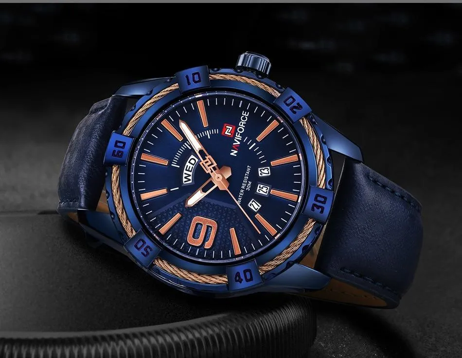 Men's Waterproof Leaghter Watch With Day, Date and Fluorescent Hands Perfect Gift For Your Man