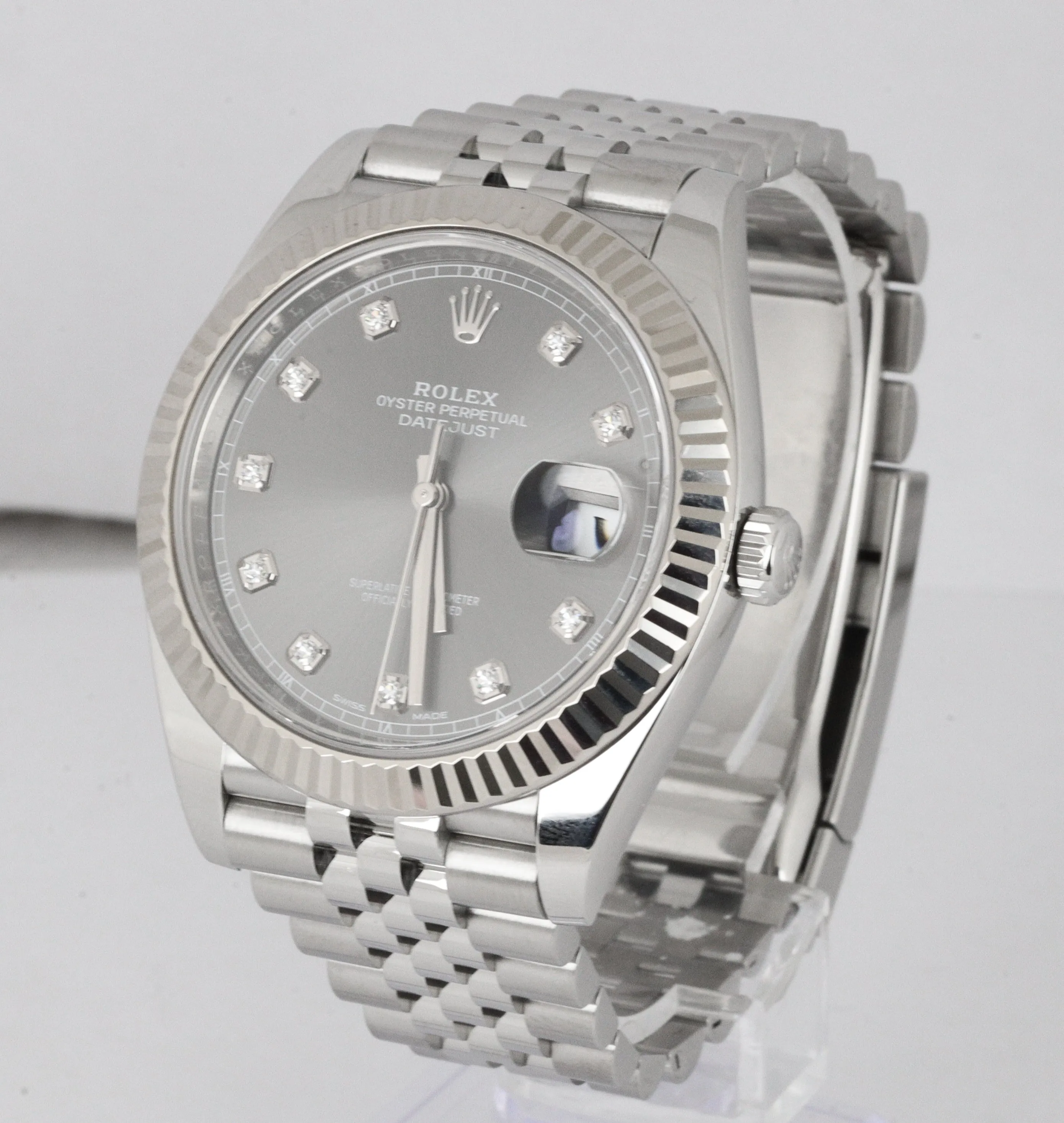 MINT 2017 Rolex DateJust 41 Rhodium DIAMOND 126334 Gray 41mm Fluted Gold Jubilee