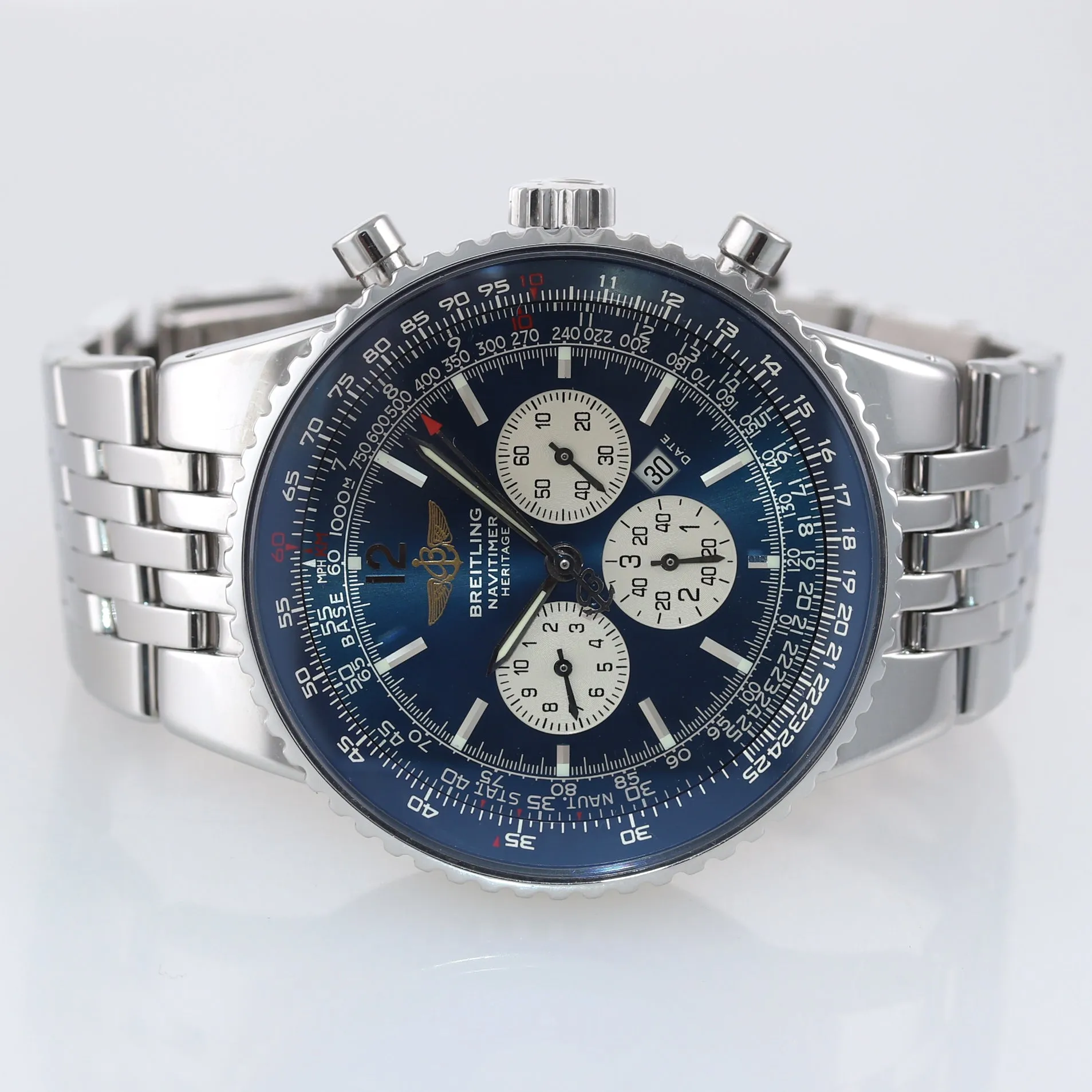 MINT Breitling Navitimer Heritage A35350 Blue Stainless Chronograph 43mm Watch