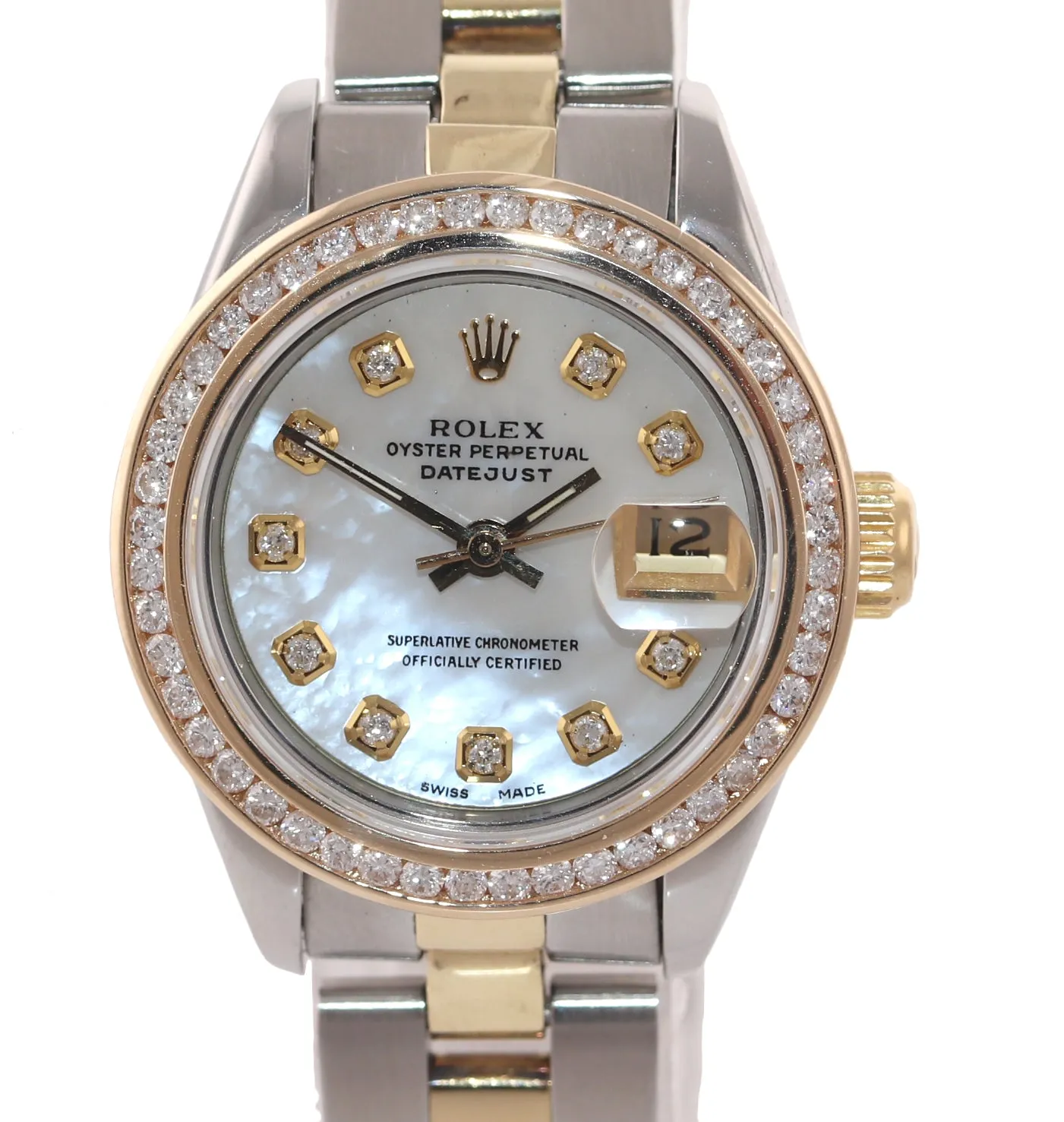 MINT Ladies Rolex DateJust 69173 White MOP Diamond 26mm Two-Tone Oyster Watch