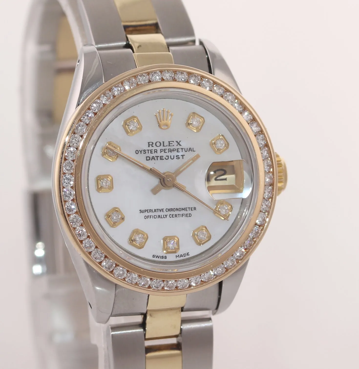 MINT Ladies Rolex DateJust 69173 White MOP Diamond 26mm Two-Tone Oyster Watch