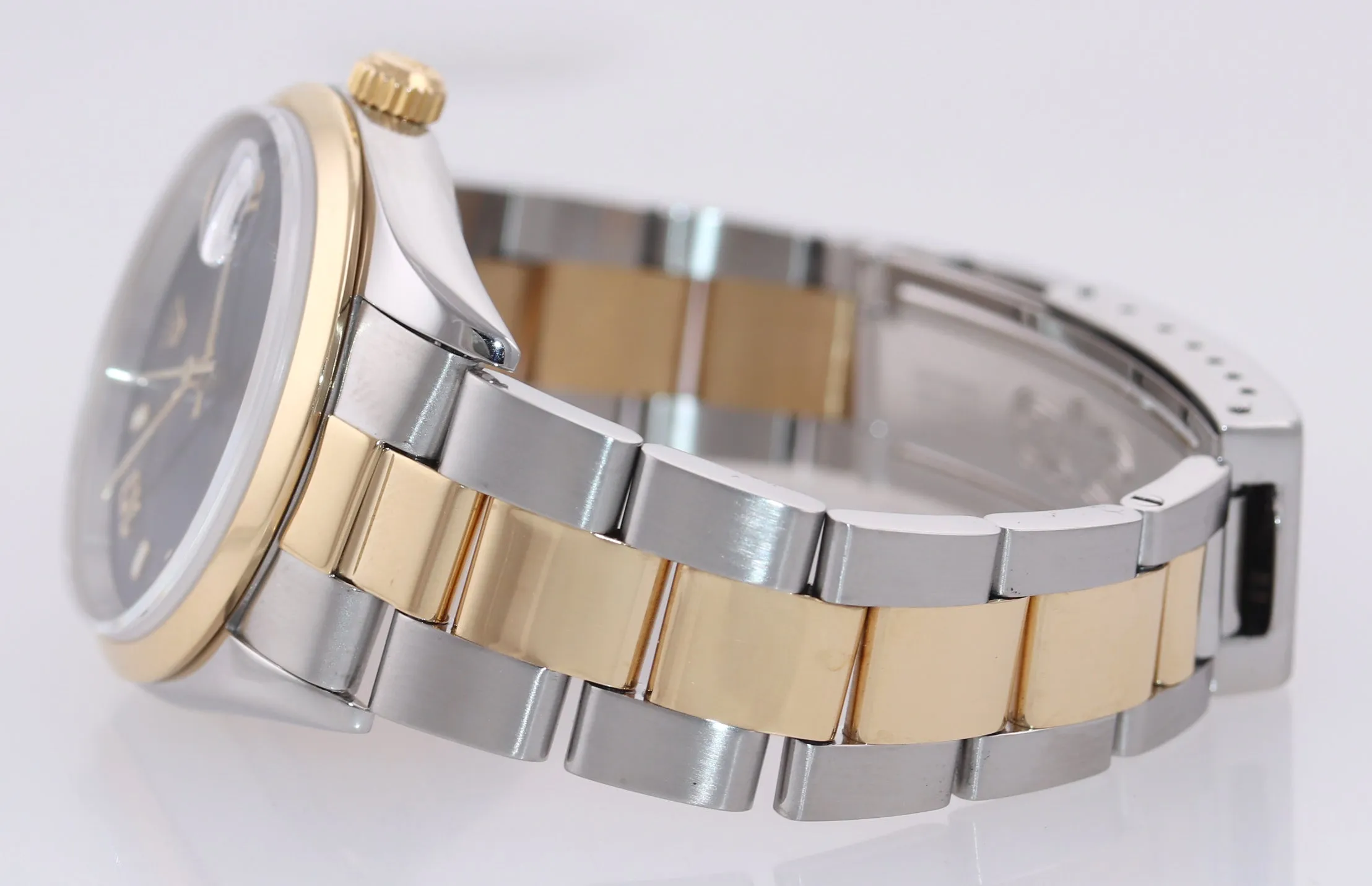MINT Rolex Oyster Date 18k Gold Steel Two Tone Blue Arabic Dial 34mm 15203 Watch