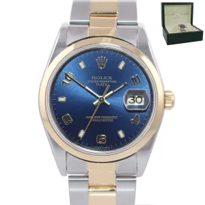MINT Rolex Oyster Date 18k Gold Steel Two Tone Blue Arabic Dial 34mm 15203 Watch