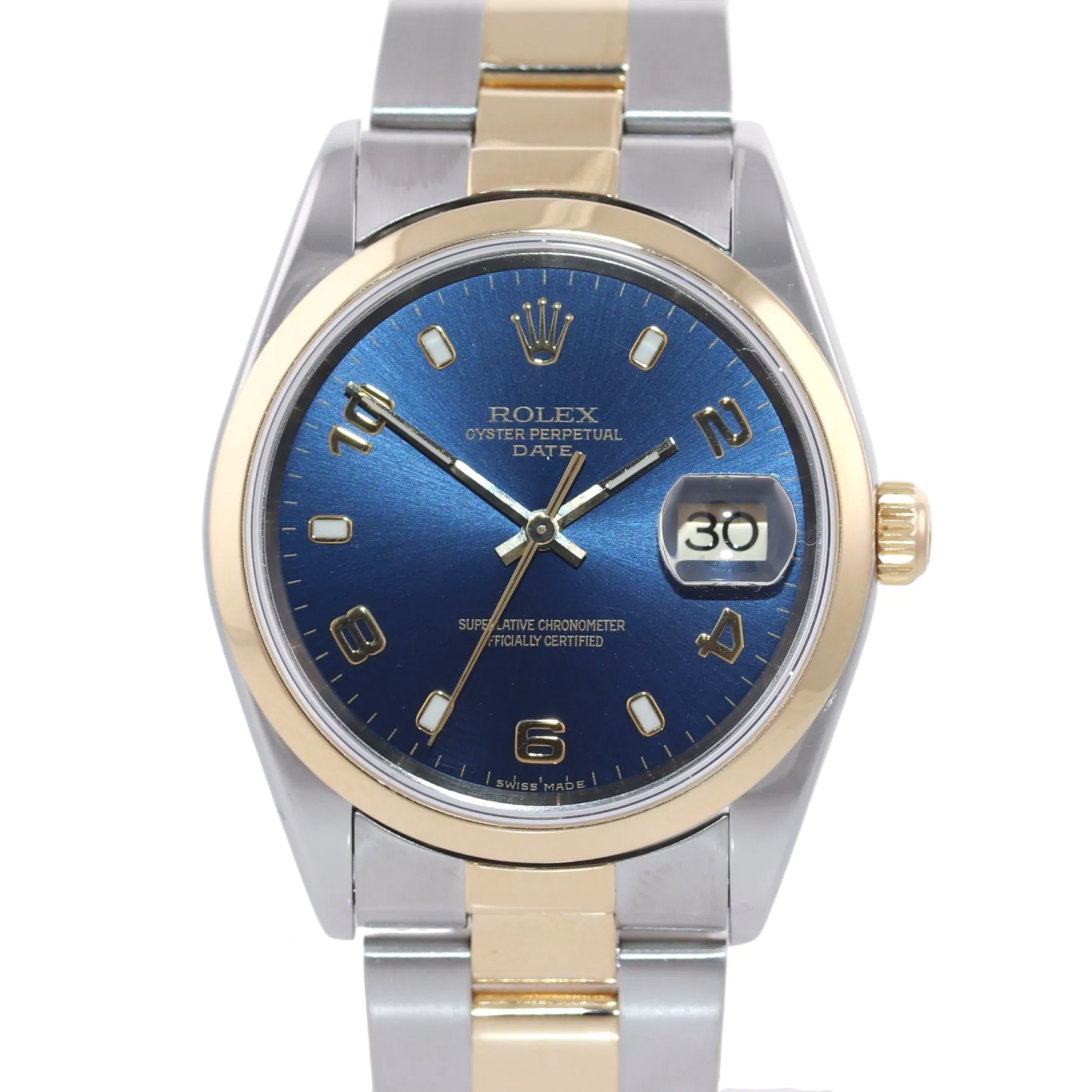 MINT Rolex Oyster Date 18k Gold Steel Two Tone Blue Arabic Dial 34mm 15203 Watch