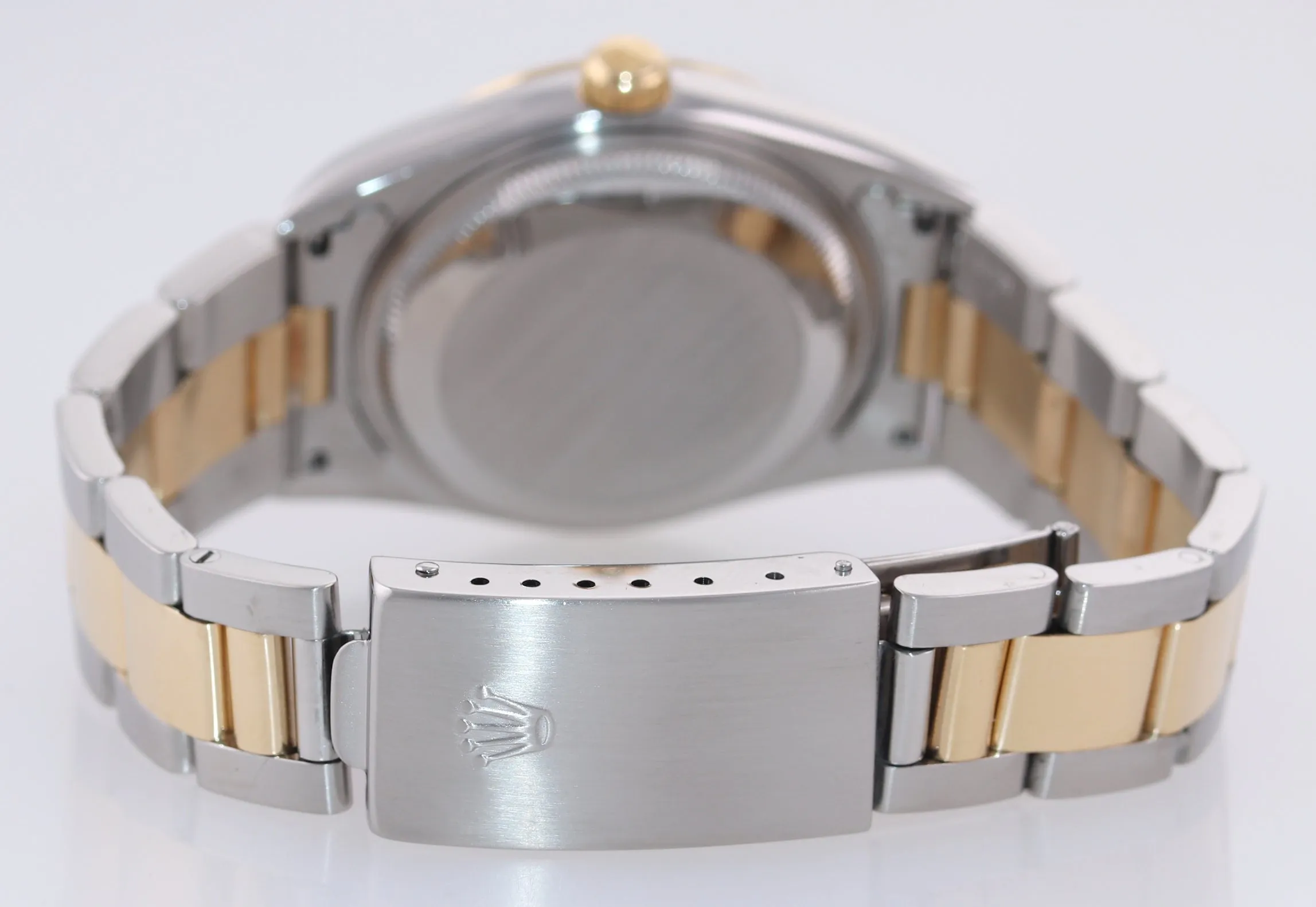 MINT Rolex Oyster Date 18k Gold Steel Two Tone Blue Arabic Dial 34mm 15203 Watch