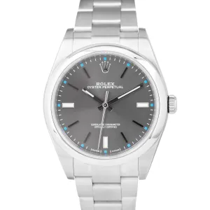 MINT Rolex Oyster Perpetual 39mm Rhodium Gray Blue Stainless Steel Watch 114300