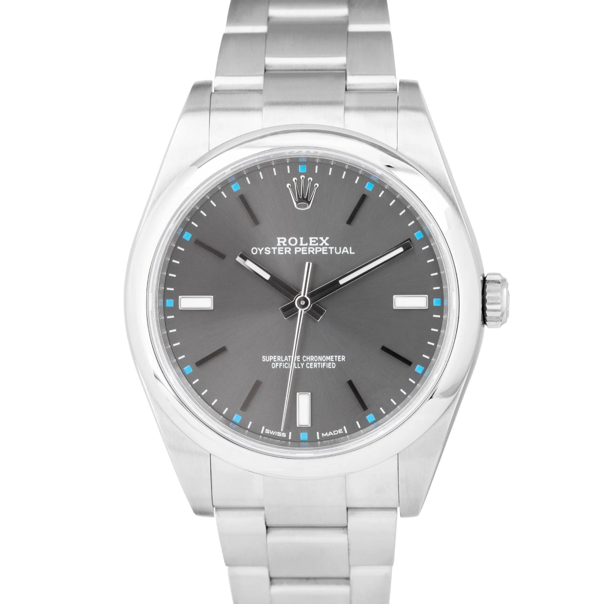 MINT Rolex Oyster Perpetual 39mm Rhodium Gray Blue Stainless Steel Watch 114300