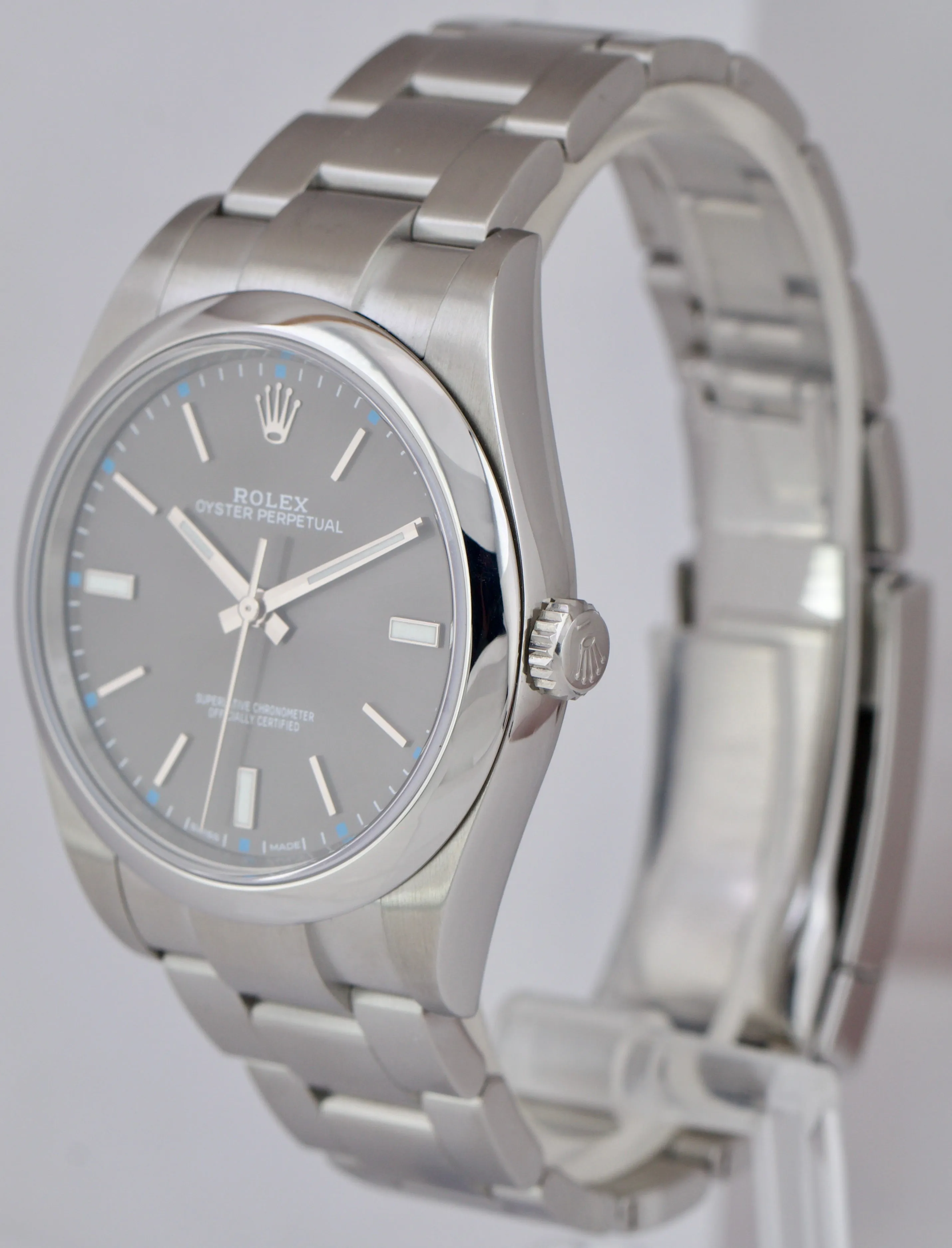 MINT Rolex Oyster Perpetual 39mm Rhodium Gray Blue Stainless Steel Watch 114300