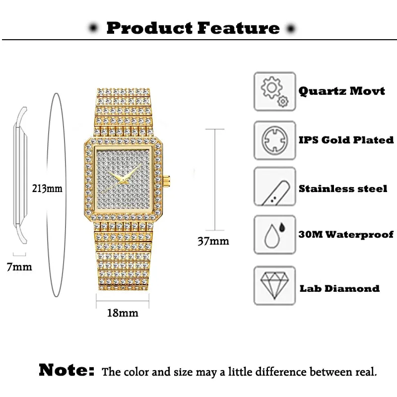 MISSFOX Diamond Watch for Women Luxury Brand Ladies Gold Square Watch
