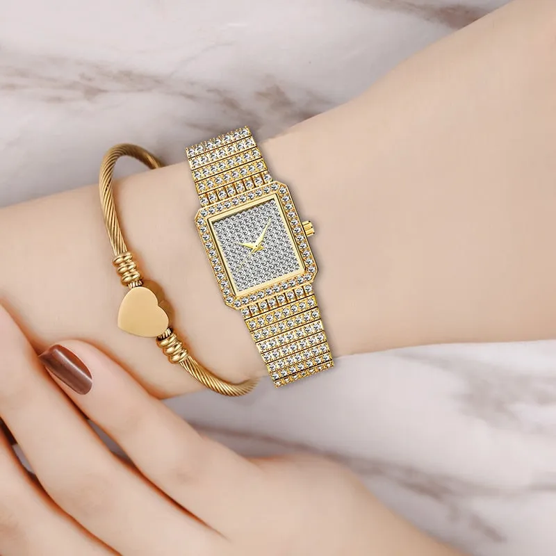 MISSFOX Diamond Watch for Women Luxury Brand Ladies Gold Square Watch