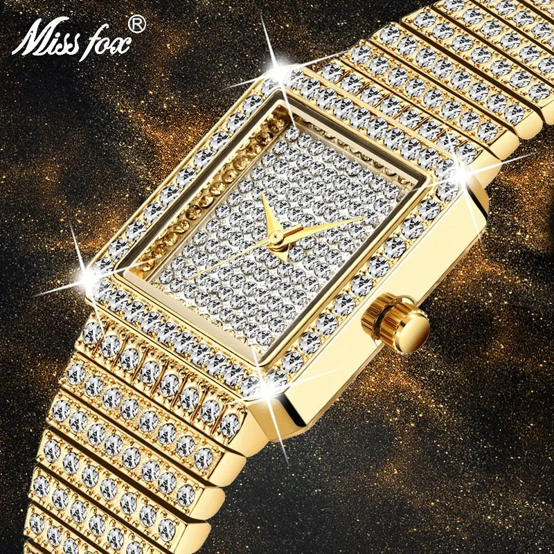 MISSFOX Diamond Watch for Women Luxury Brand Ladies Gold Square Watch