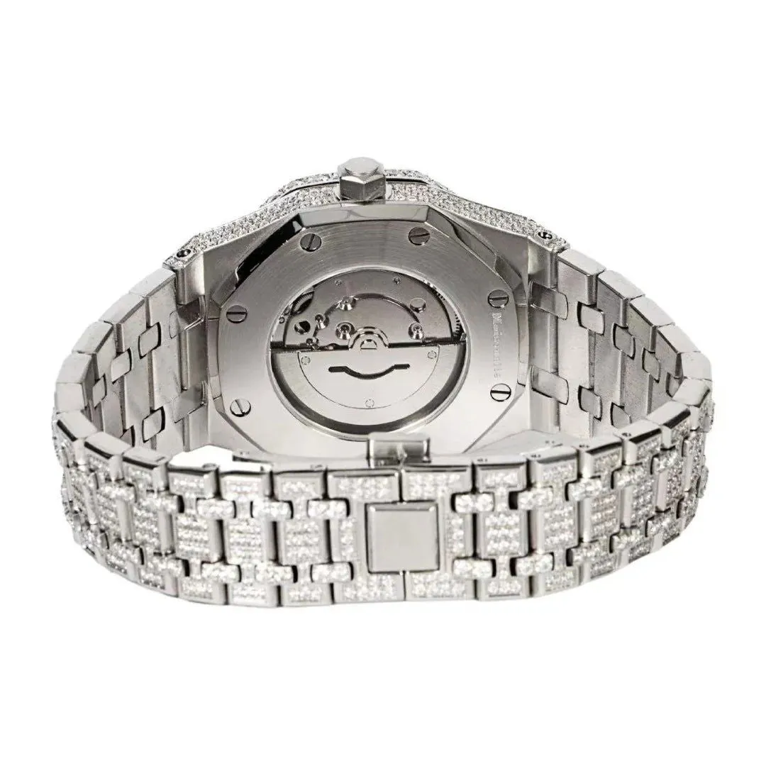 Moissanite Skeleton Dial Watch Octagon Face Stainless Steel