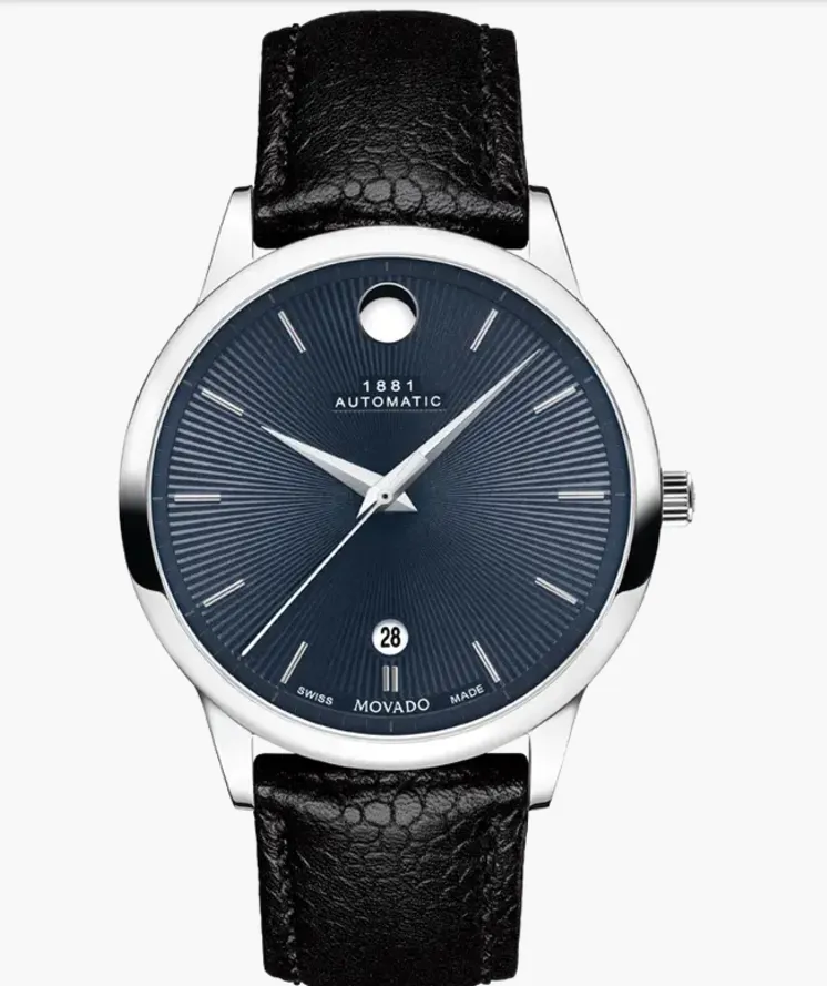 Movado 1881 Automatic Black Leather strap/Blue Dial 40mm Unisex Watch 0607613