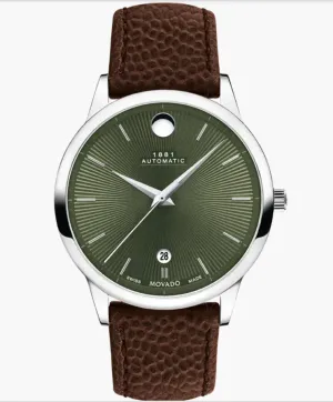 Movado 1881 Automatic Brown Leather strap/Green Dial 40mm Unisex Watch 0607853.