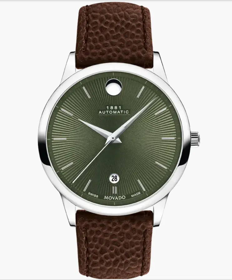 Movado 1881 Automatic Brown Leather strap/Green Dial 40mm Unisex Watch 0607853.
