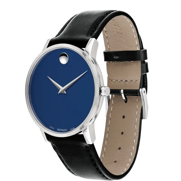 Movado Museum Classic Mens Stainless Steel Blue Dial Black Leather Strap Watch