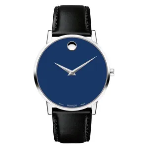 Movado Museum Classic Mens Stainless Steel Blue Dial Black Leather Strap Watch