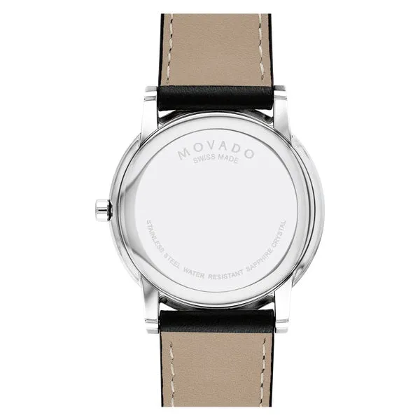 Movado Museum Classic Mens Stainless Steel Blue Dial Black Leather Strap Watch