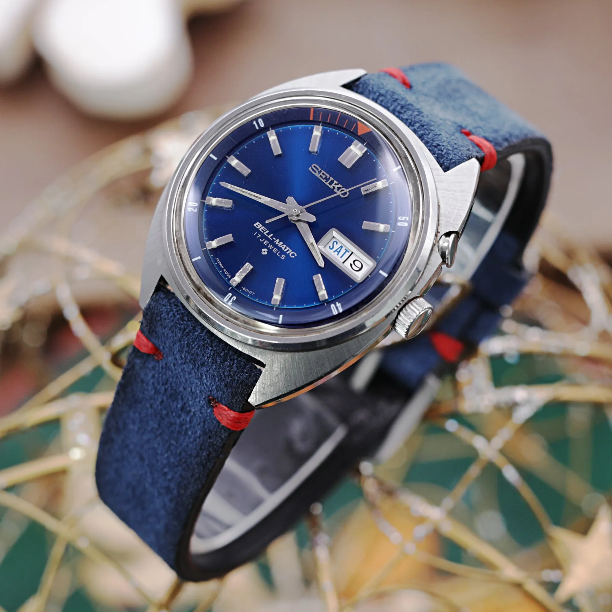 Navy Blue 19mm, 20mm, 21mm, 22mm MiLTAT Quick Release Nubuck Leather Watch Strap, Red Stitching, Sandblasted