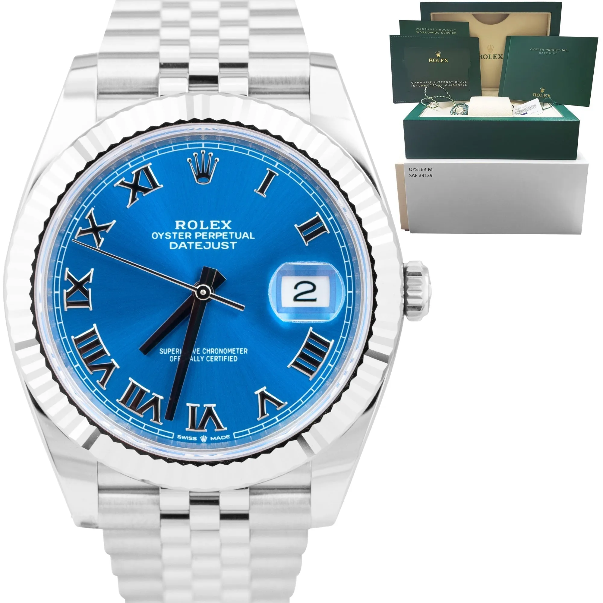 NEW 2023 PAPERS Rolex DateJust 41 Azzurro Blue Roman JUBILEE Fluted 126334 B P