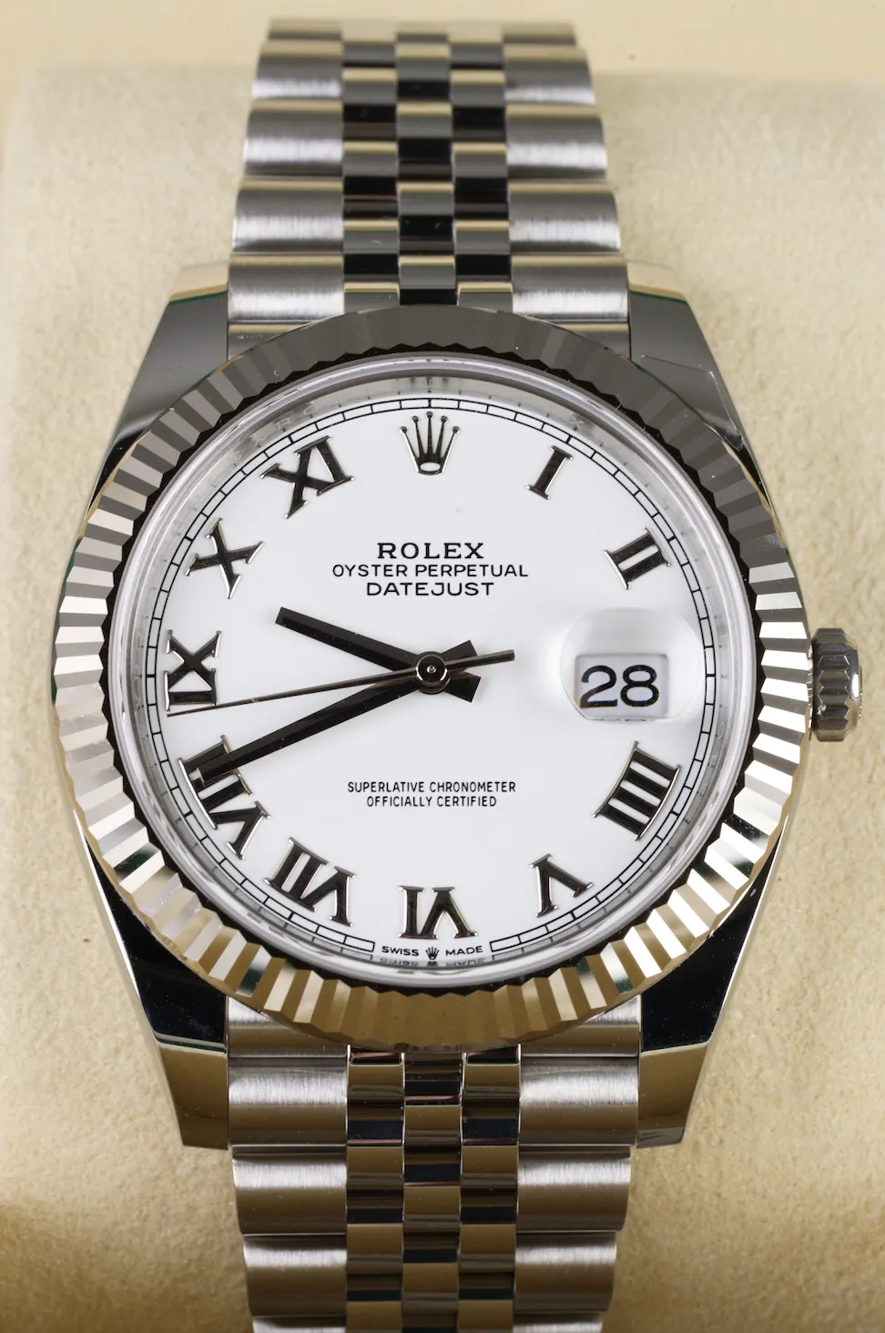 NEW AUG 2021 Rolex DateJust 41 White Roman 126334 Steel Fluted Jubilee Watch