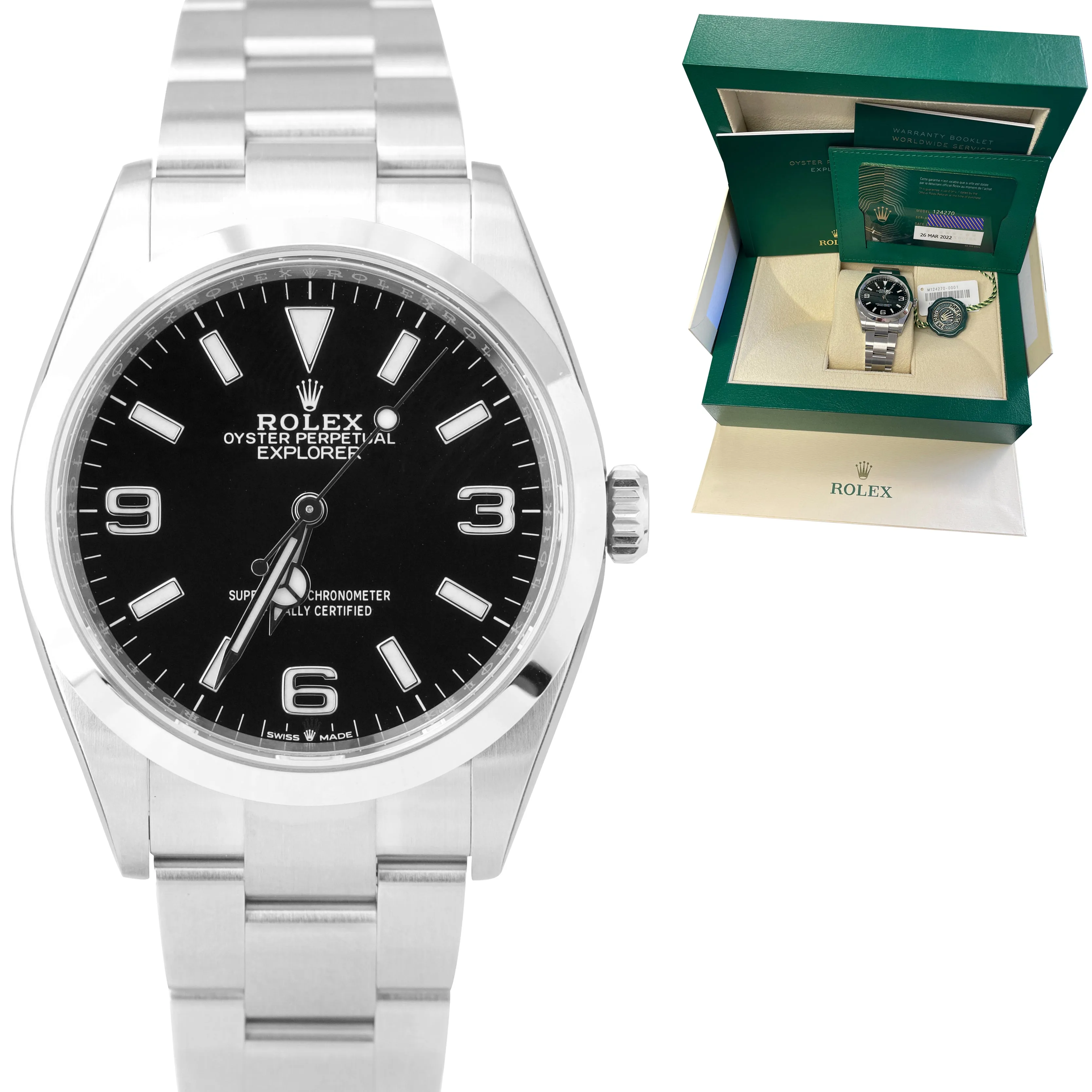 NEW MAR 2022 STICKERED Rolex Explorer I Black 36mm Stainless Oyster Watch 124270