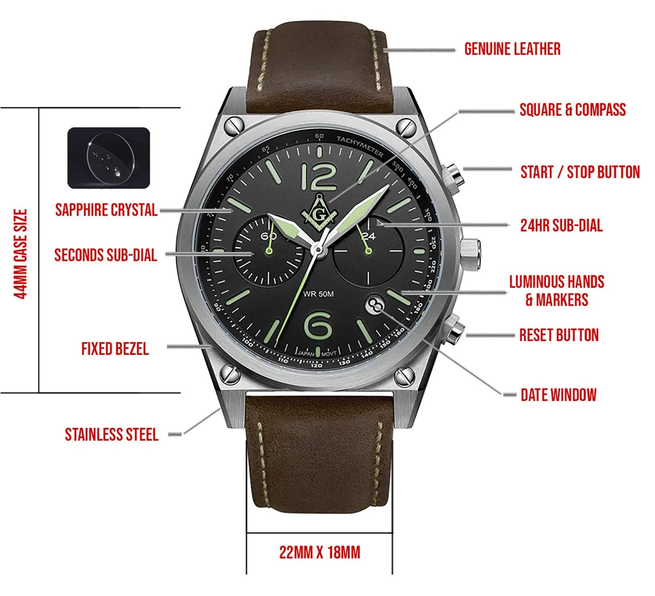 New Men's Stainless Steel Master Mason Masonic Chronograph Watch, 44mm