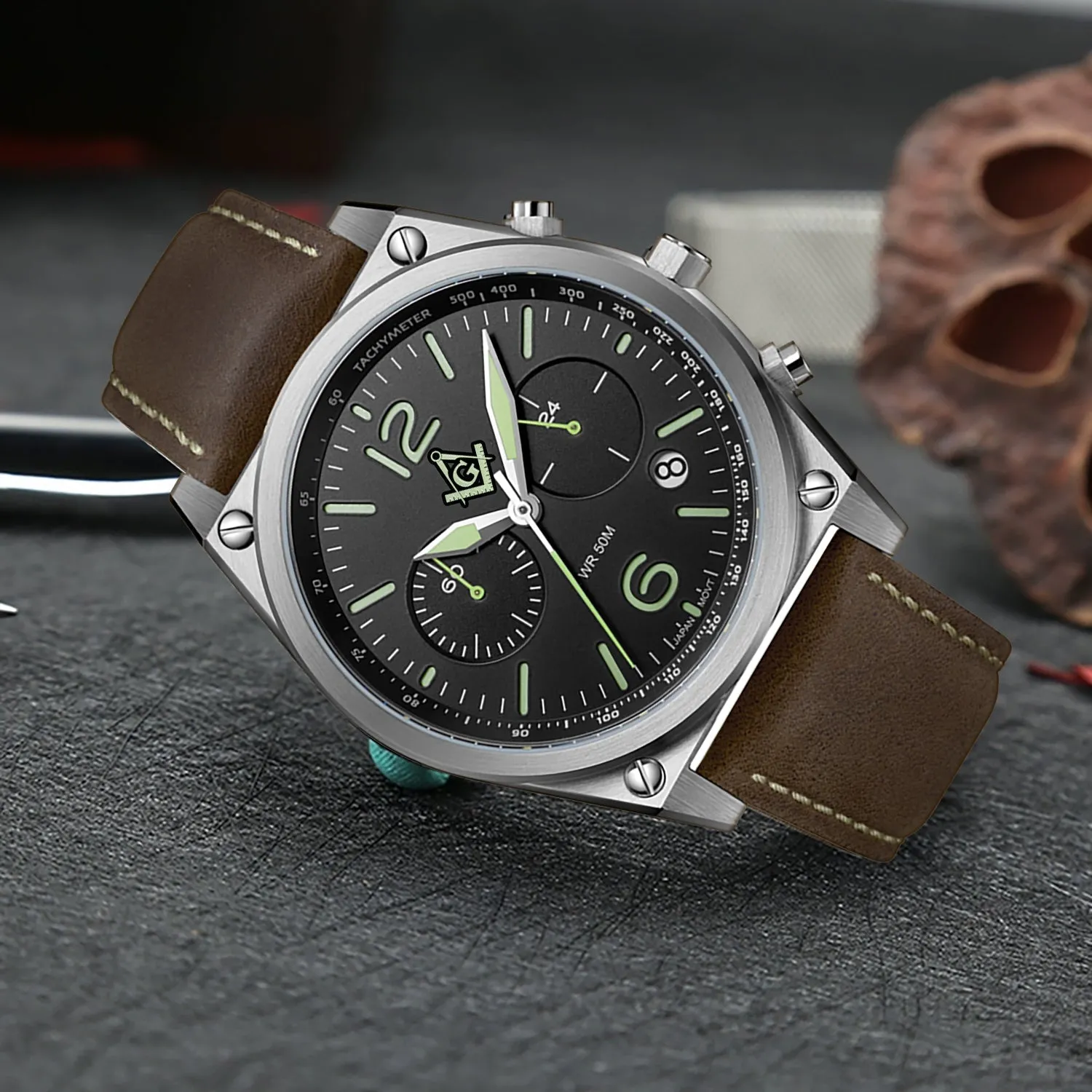 New Men's Stainless Steel Master Mason Masonic Chronograph Watch, 44mm