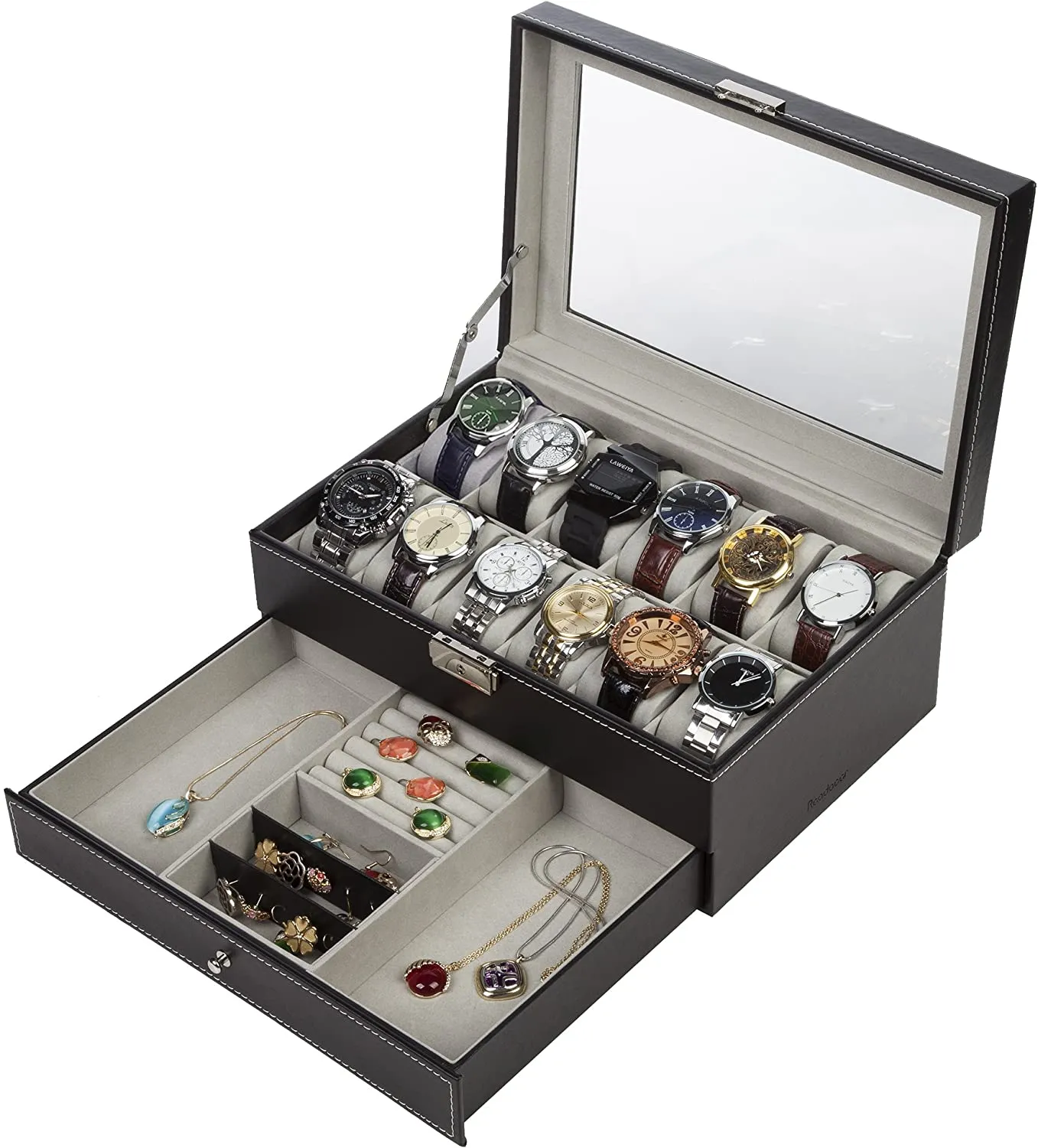 New Readaeer Black Leather Watch Box Jewelry Display Case with Drawer, Jewelry Box for Men & Women (12 Slots with 2 Layers)