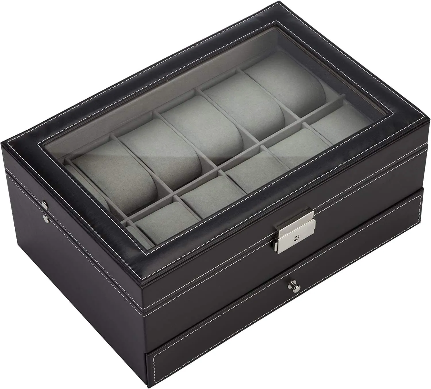New Readaeer Black Leather Watch Box Jewelry Display Case with Drawer, Jewelry Box for Men & Women (12 Slots with 2 Layers)