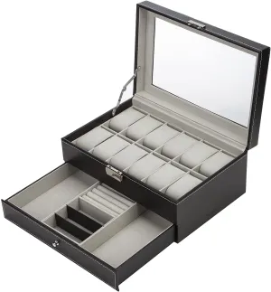 New Readaeer Black Leather Watch Box Jewelry Display Case with Drawer, Jewelry Box for Men & Women (12 Slots with 2 Layers)