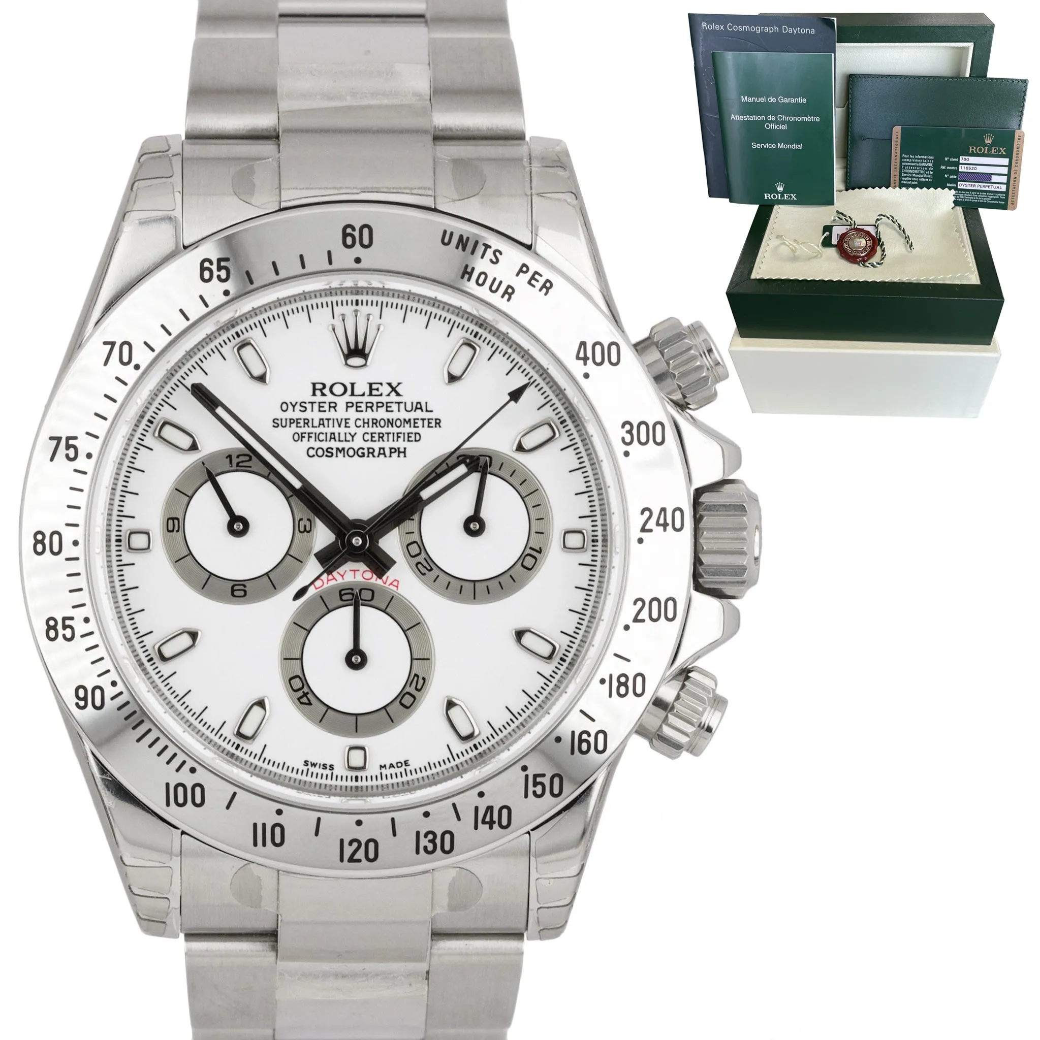 NOS BRAND NEW STICKERS Rolex Daytona White 116520 40mm REHAUT FAT BUCKLE Watch