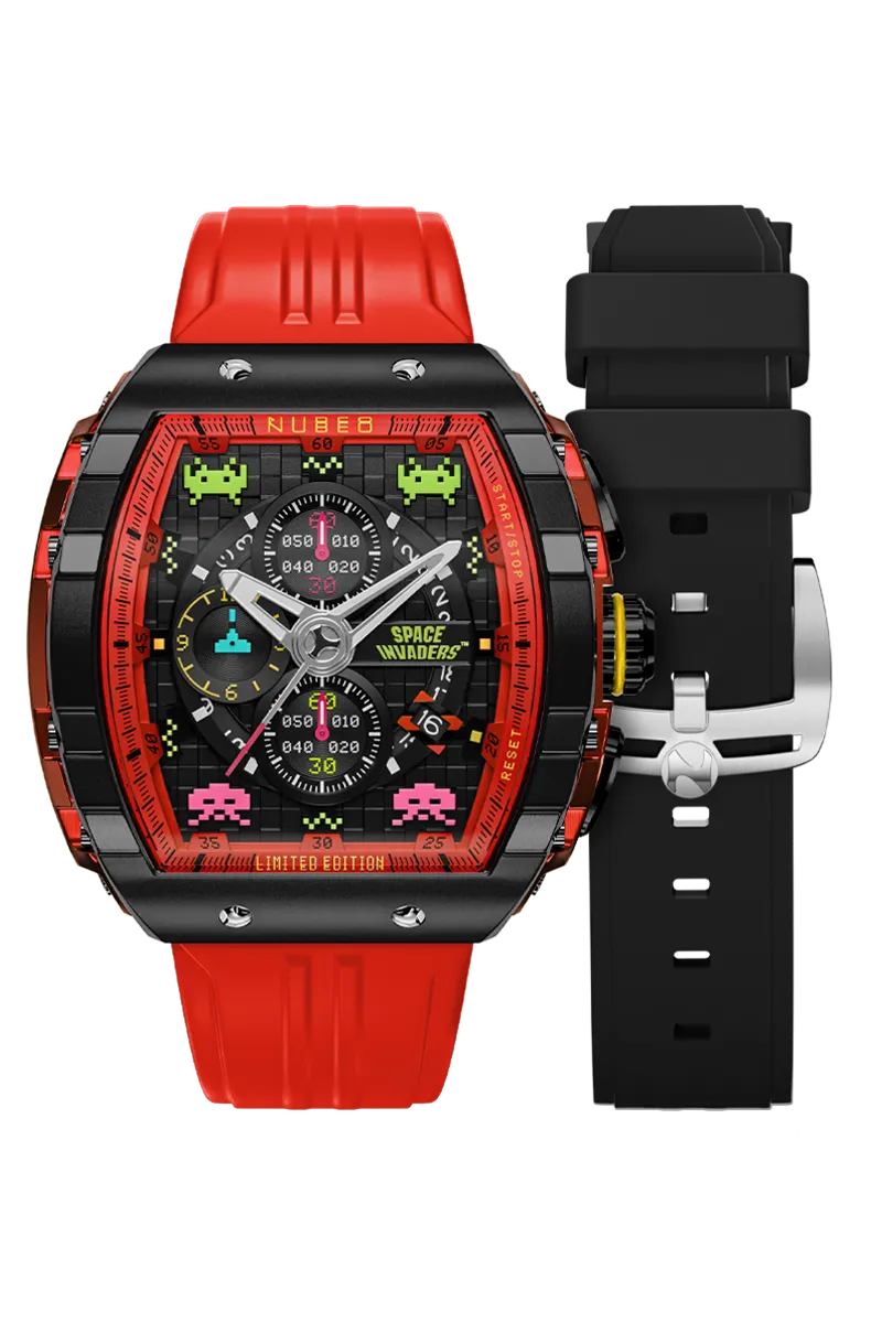 Nubeo Magellan Chronograph Space Invaders Limited Edition Pixel Red Men's Watch NB-6024-SI-06