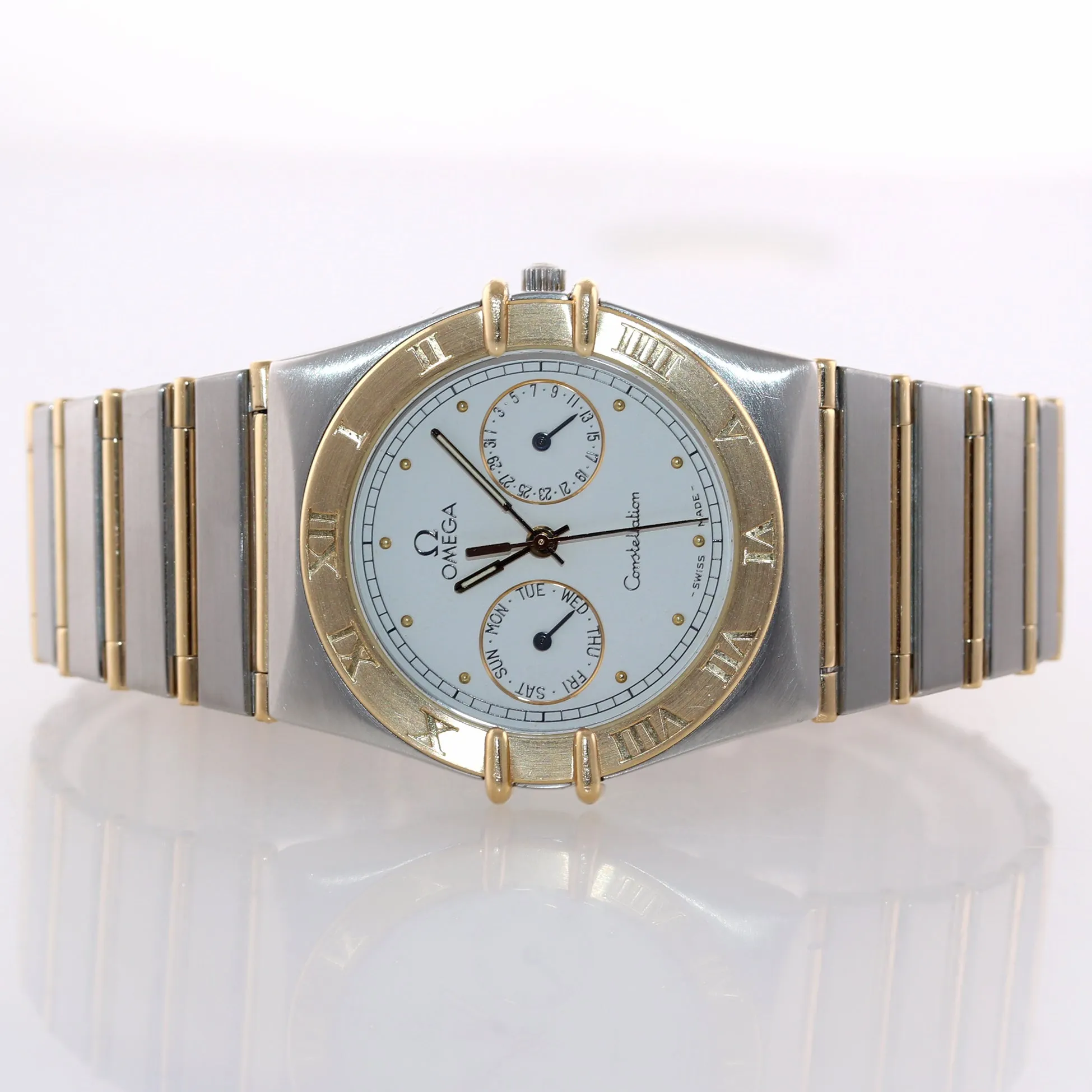 Omega Constellation Day Date Steel Gold Two Tone 32mm Quartz White Watch