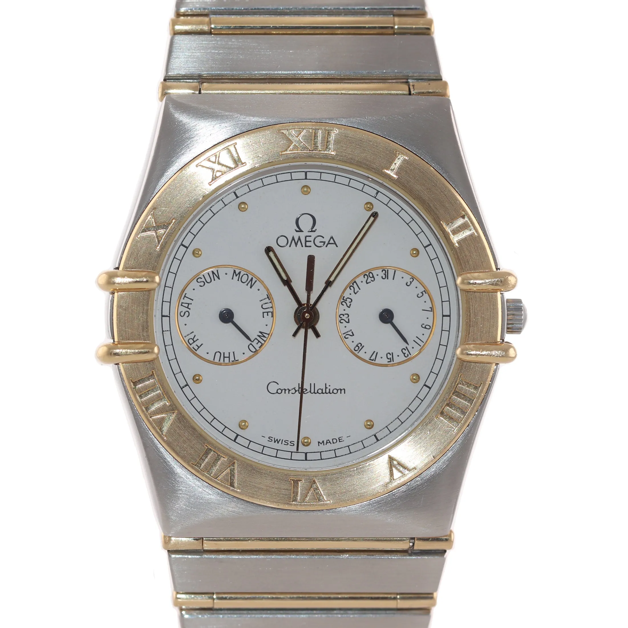 Omega Constellation Day Date Steel Gold Two Tone 32mm Quartz White Watch