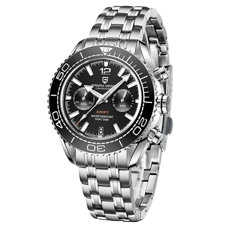 Pagani Design Silver Stainless Steel Black Dial Chronograph Quartz Watch for Gents - PD1711