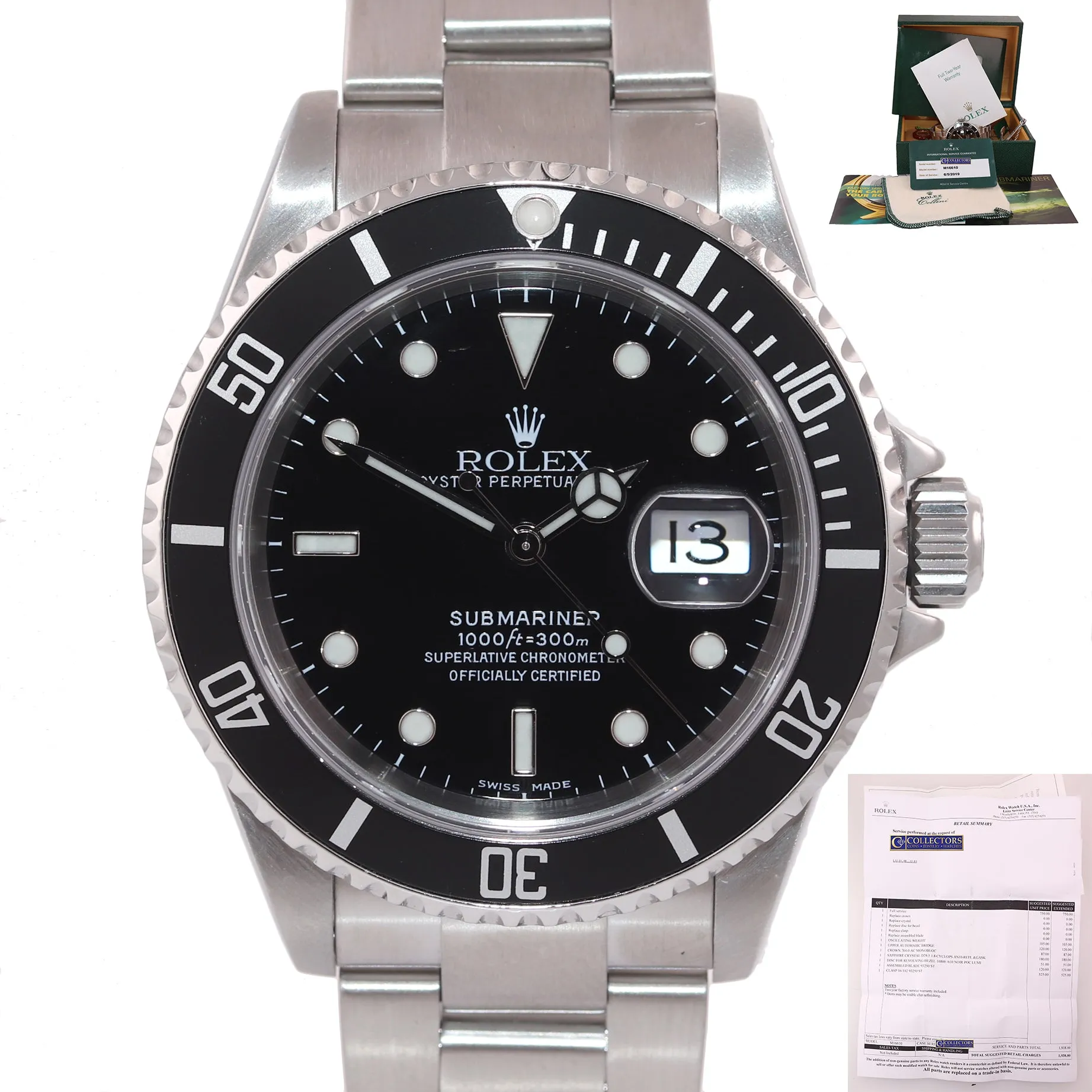 PAPERS & 2019 RSC Service Rolex Submariner 16610 SEL Steel Black Dial Watch Box