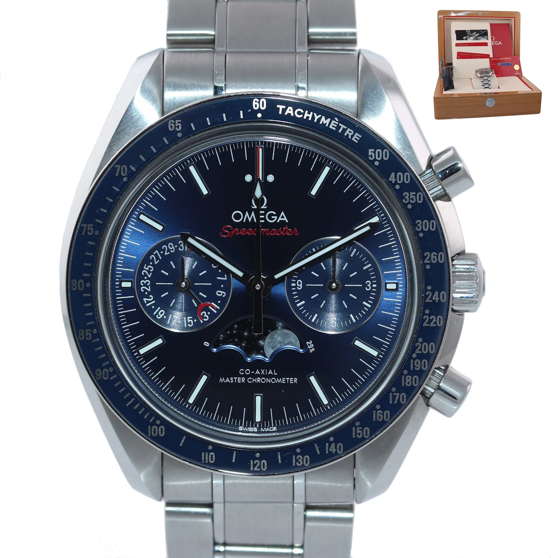 PAPERS Omega Speedmaster  BLUE Moonphase 304.30.44.52.01.001 44mm Steel Watch