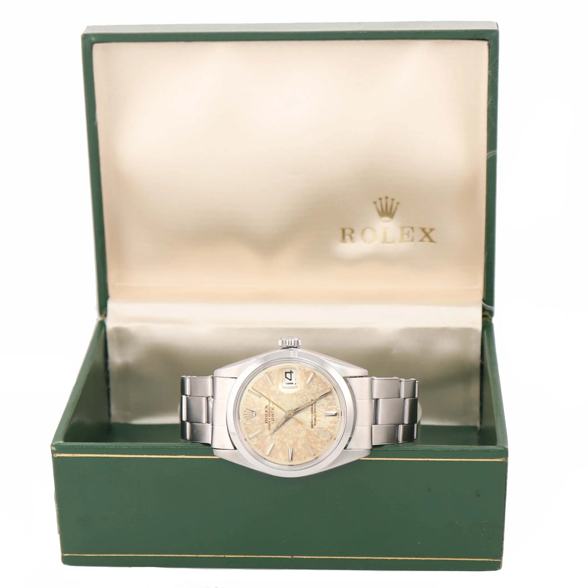 PAPERS Patina Rolex Date 1500 Steel Silver Dial 34mm Oyster Perpetual Watch Box