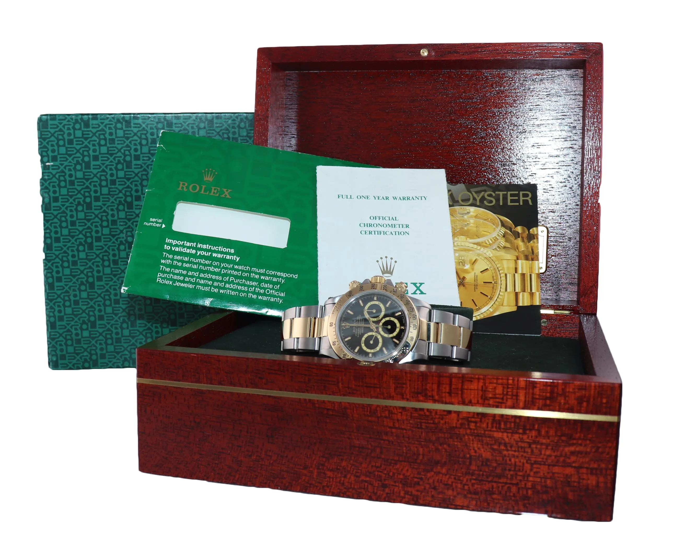 PAPERS Rolex Daytona 16523 Zenith Black Chrono Two Tone Gold Steel Watch Box