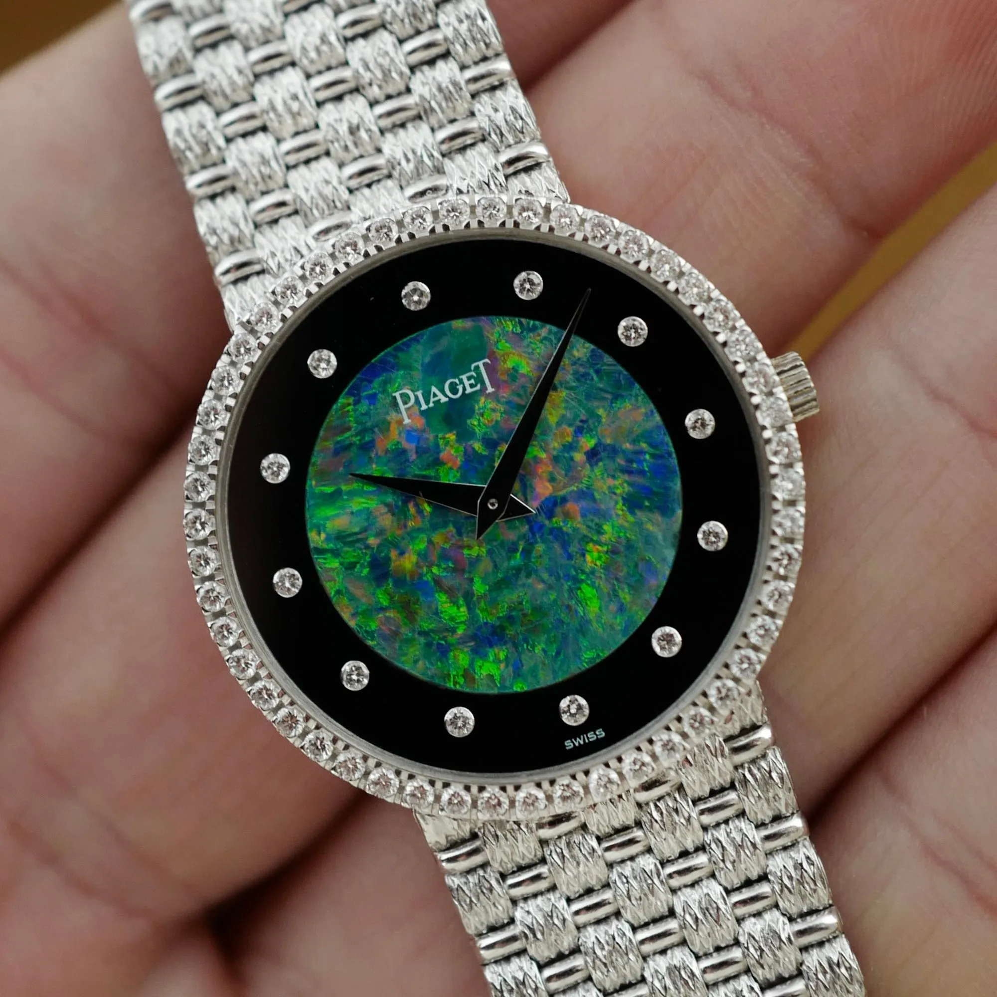 Piaget White Gold Round Watch Ref. 9066D23 with Opal, Onyx and Diamond Dial