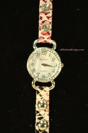 Pink & White/White, Band Reptile Print | Leather Band w/ Button Clasp