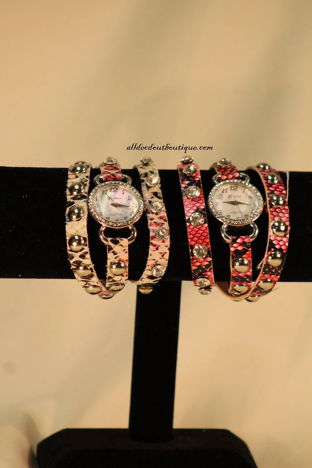 Pink & White/White, Band Reptile Print | Leather Band w/ Button Clasp
