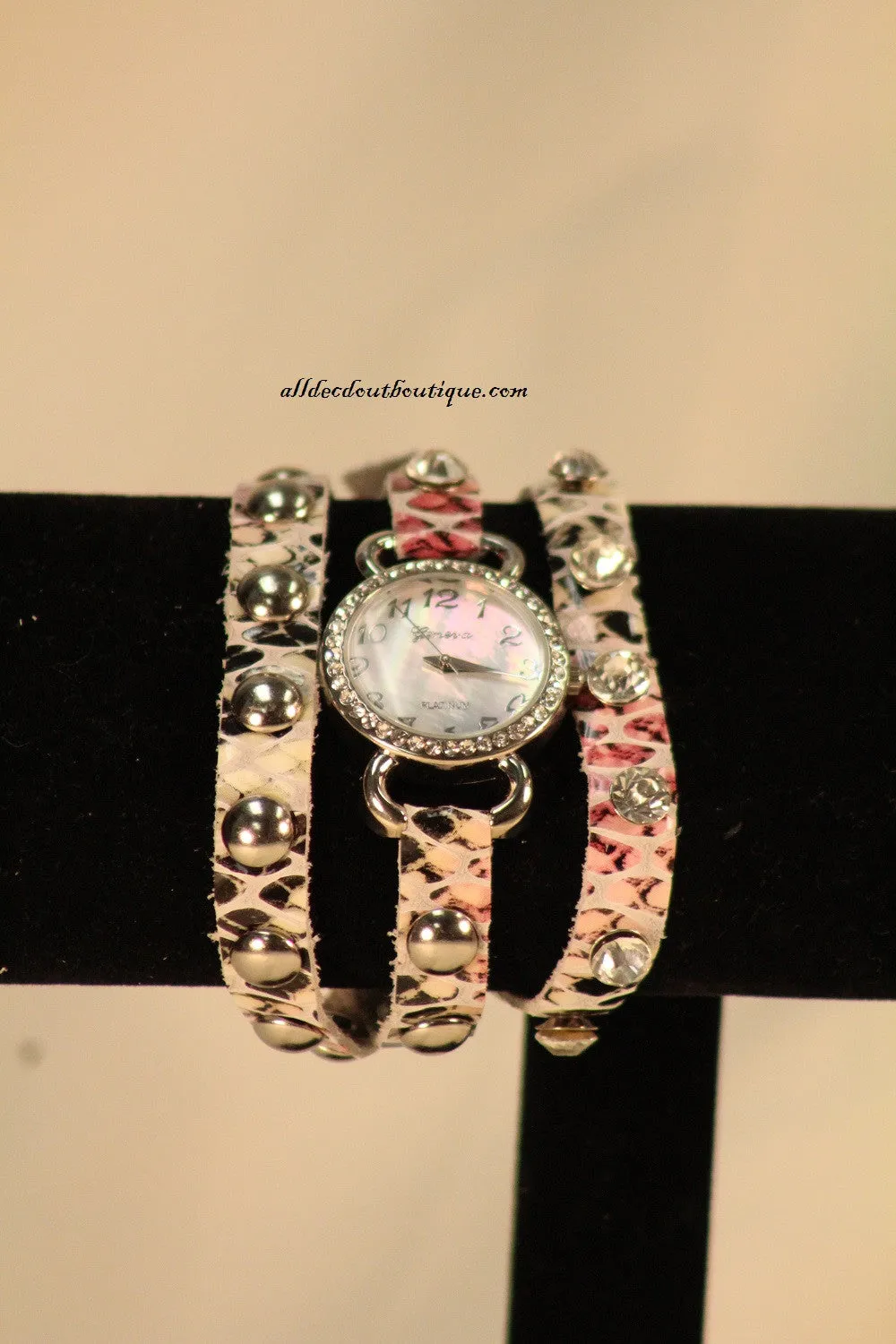 Pink & White/White, Band Reptile Print | Leather Band w/ Button Clasp