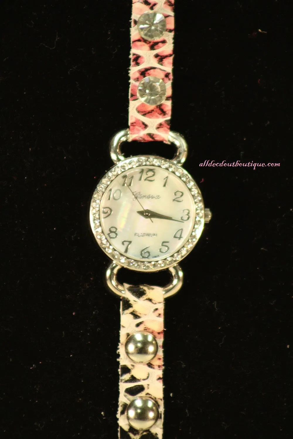 Pink & White/White, Band Reptile Print | Leather Band w/ Button Clasp